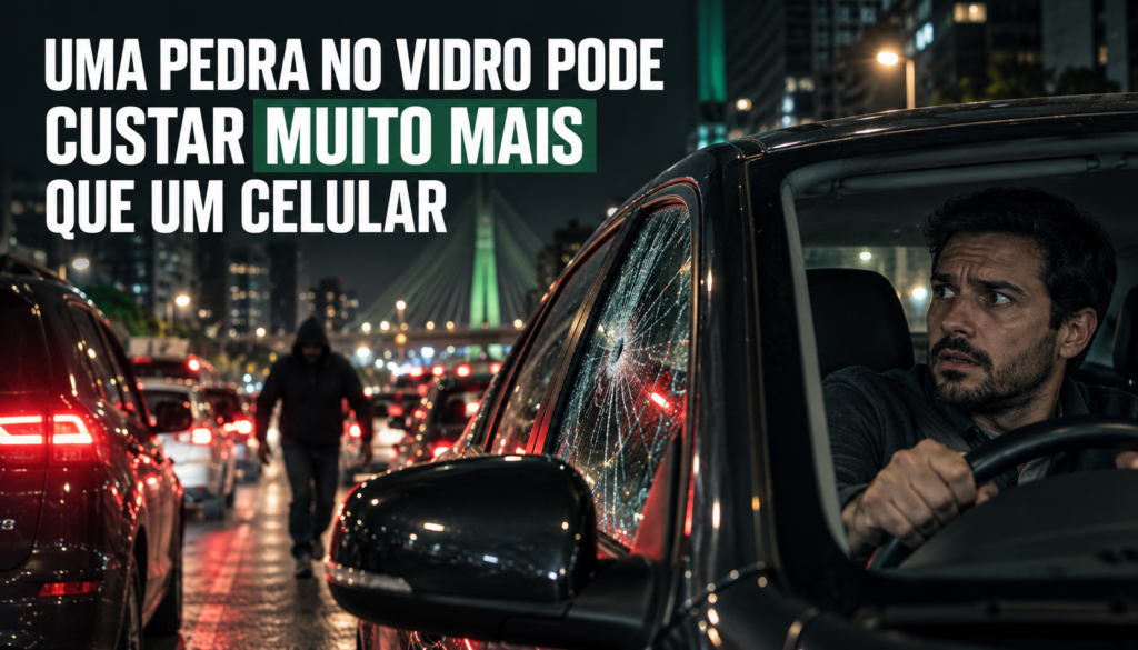 Motorista assustado dentro de um carro com o vidro lateral trincado durante congestionamento noturno.