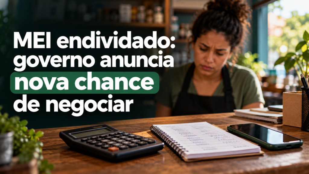 Mesa de pequeno comerciante com calculadora e contas, acompanhada do título sobre a nova renegociação anunciada para MEIs.
