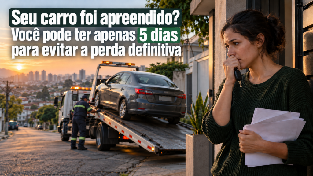 Mulher observa carro financiado sendo levado por guincho após busca e apreensão