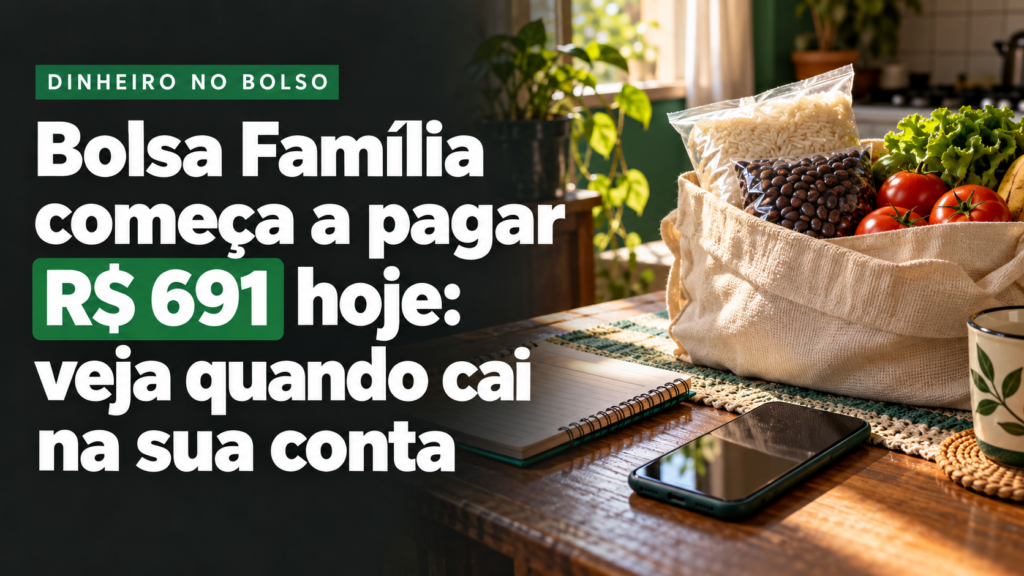 Capa ilustrativa sobre o pagamento do Bolsa Família de outubro, com destaque para R$ 691, alimentos, caderno e celular sobre uma mesa.