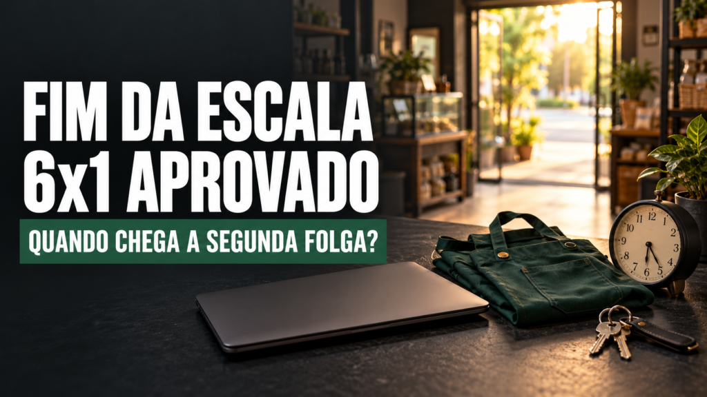 Capa editorial com relógio e objetos de trabalho, com a chamada sobre o fim da escala 6x1 aprovado e a segunda folga.