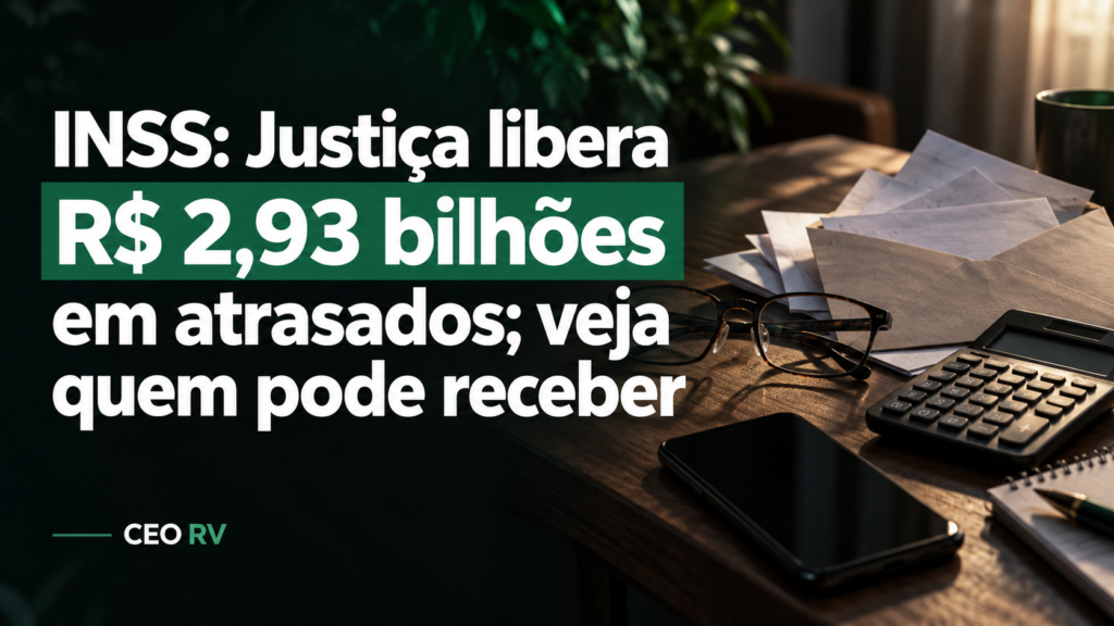 Capa ilustrativa com óculos, envelope e calculadora sobre uma mesa e título sobre a liberação de R$ 2,93 bilhões em atrasados do INSS.