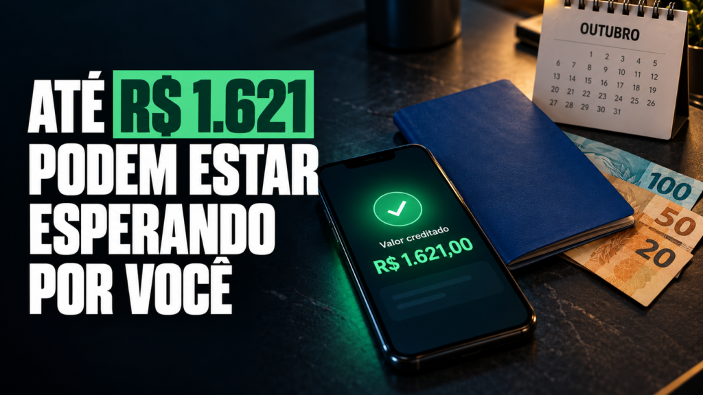 Capa ilustrativa do lote complementar do PIS/Pasep, com celular, carteira de trabalho e destaque para o valor de até R$ 1.621.