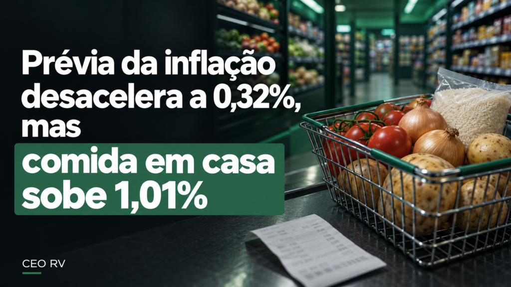 Capa ilustrativa com cesta de tomates, cebolas, batatas e arroz em supermercado, destacando a alta de 1,01% na alimentação em casa.
