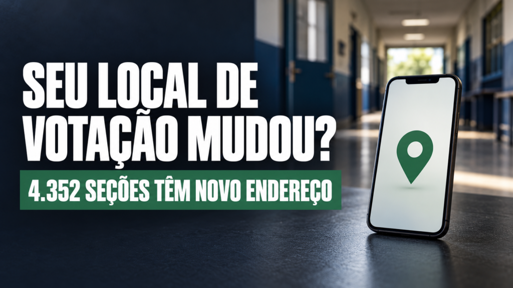 Celular com símbolo genérico de localização diante de corredor escolar desfocado, em capa sobre mudanças de endereço de seções eleitorais.
