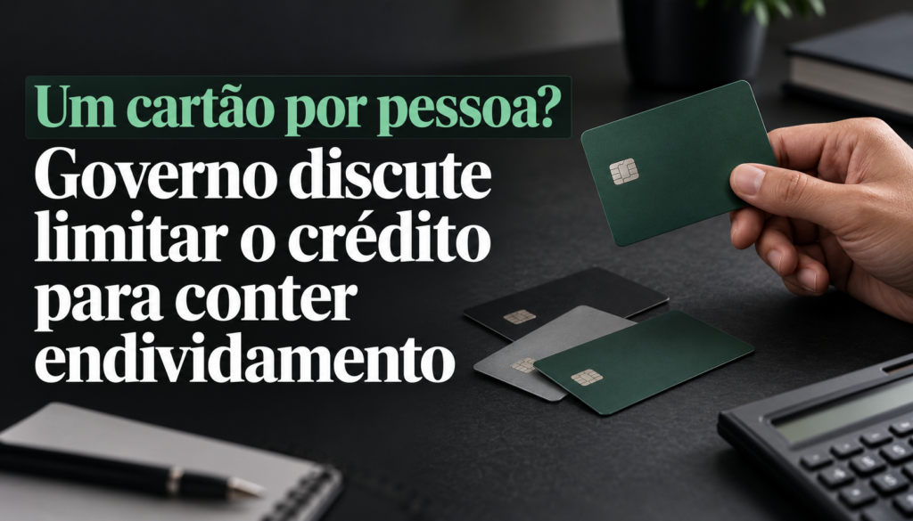 Mão segurando um cartão de crédito diante de outros cartões sobre uma mesa, com título sobre a proposta de limitar o crédito.
